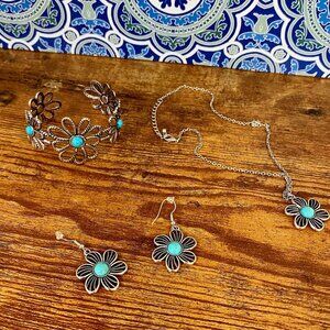 Silver Turquoise Flower Necklace Earrings Cuff Bracelet
